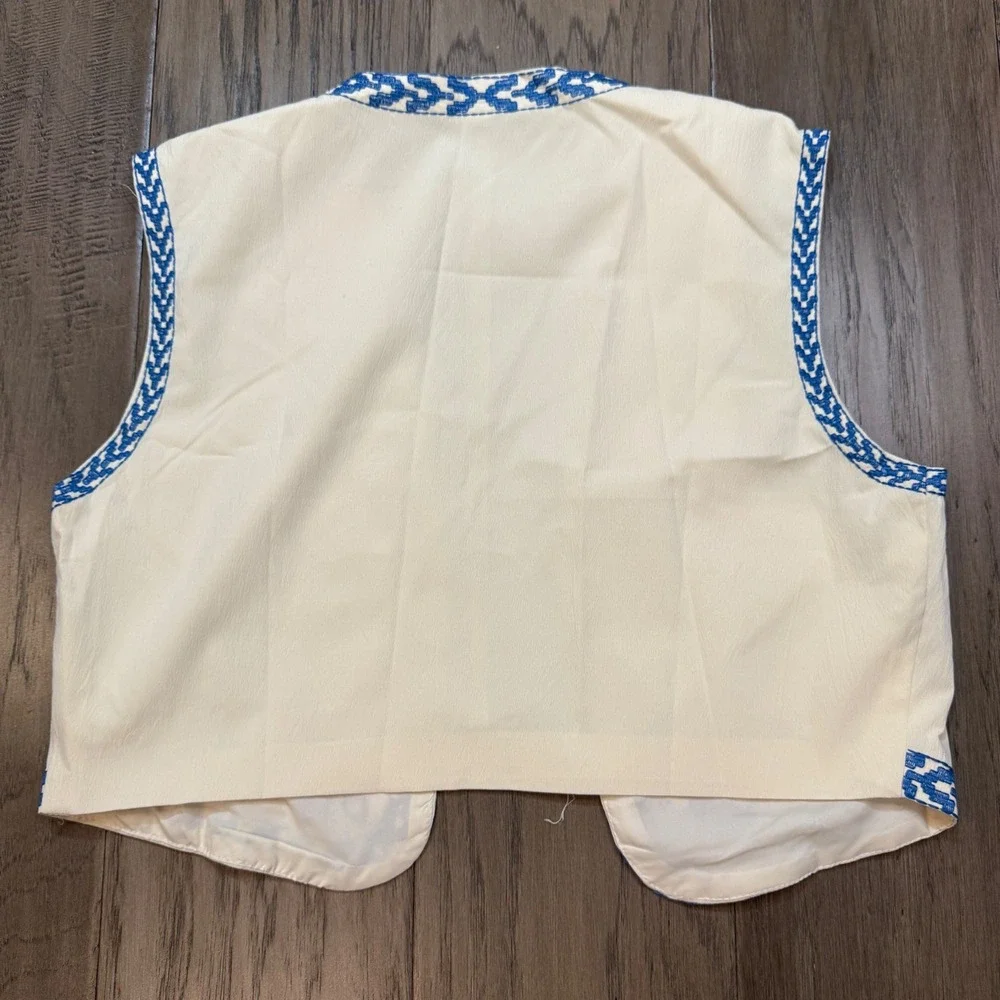 Boho Embroidered Faux Leather Vest Cream Blue‎ Floral Open Front Women